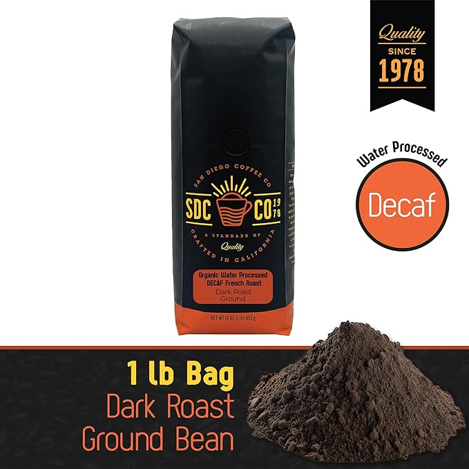 San Diego Coffee Organic French Roast DECAF Dark Roast Ground Coffee 16-Ounce Bags Café descafeinado molido tostado