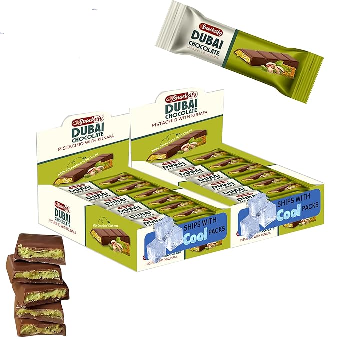Dubai Chocolate Bar (Pack of 48) Kunafa Pistachio Bar- 27gr Total 1.43 pounds.- Perfect for Gifting Fresh Daily Production 48 Pieces Dubai Chocolate with Shredded Phyllo Dough Gift for Festival Cele