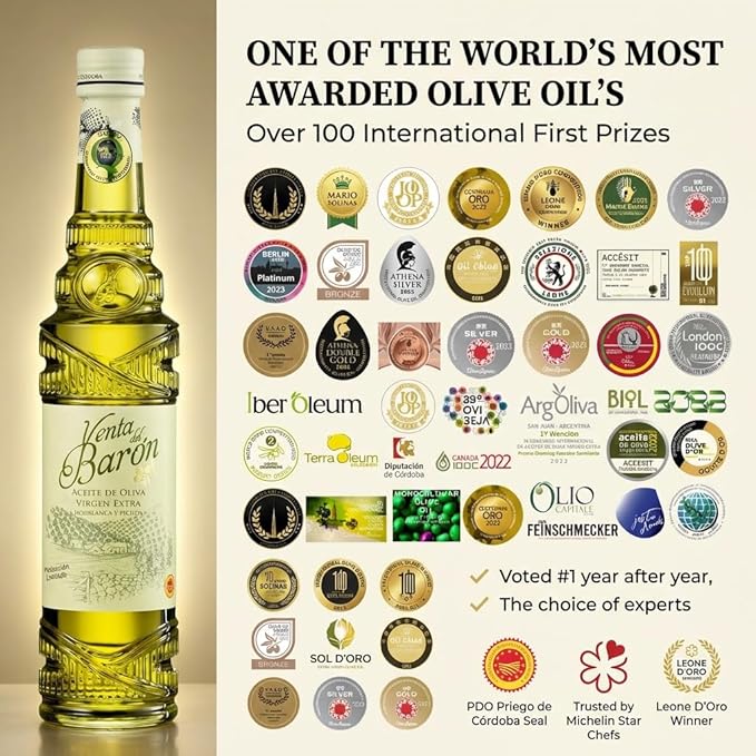 Venta del Barón - Voted The World's Best Olive Oil - Extra Virgin Cold Pressed - High in Polyphenols - 16.9 fl oz (500ml) Bottle