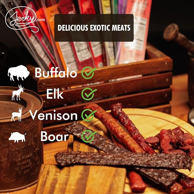 Jerky.com Exotic Meat Sticks Gift Bag | Wild Game Jerky Sampler with Venison Elk &amp Wild Boar | 12pc High Protein Jerky Gift basket | Unique Birthday Gifts for Men