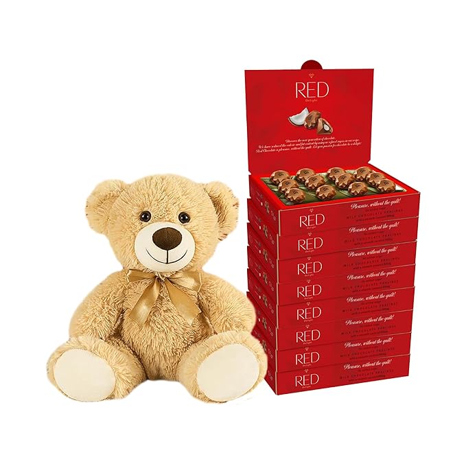 RED Delight®™ Milk Chocolate Diamond Truffles - with Coconut Filling (8 Boxes (4.66 OZ EACH) + 14 Plush Teddy Bear)
