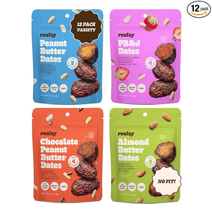 Realsy Pitted &amp Stuffed Medjool Dates Organic Dates with No Sugar Added Gluten-Free Vegan Good Source of Fiber Low Glycemic Index All Natural Healthy Snack (Variety 12 Pack)