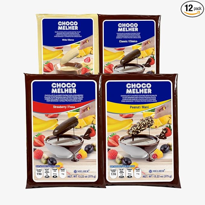 CHOCOMELHER MIX (4 Varieties) to Make Delicious Crunchy and Full of Flavor Chocobananos - 12 Pack - Each Box Contains: 4 Clásico - 3 Peanuts – 3 White and 2 Strawberry Chocomelher - 12 Bags of 13.22