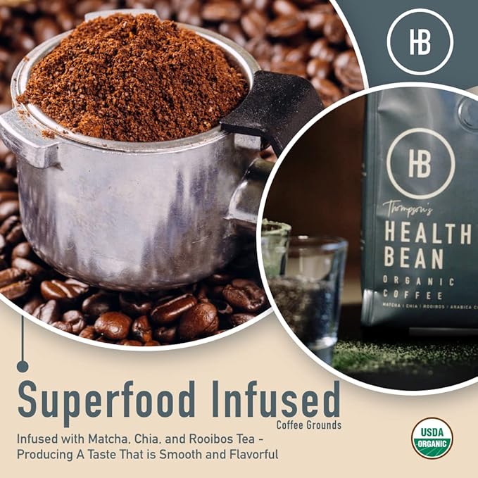 Healthy Bean Organic Low Acid Coffee Ground - USDA Organic Mold-Free Superfood Infused Clean and Healthy - Low Acid for Sensitive Stomachs - Semi-Dark Roast Ground Coffee 10oz (1-Pack)