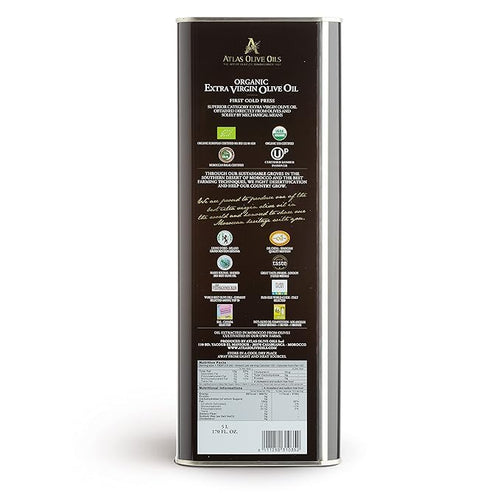 A ATLAS OLIVE OILS Bulk Organic Cold Pressed Moroccan Extra Virgin Olive Oil Polyphenol Rich Newly Harvested Unprocessed from One Single Family Farm Cold Press Ext. Virgin 170 Fl Oz (Pack of 1)