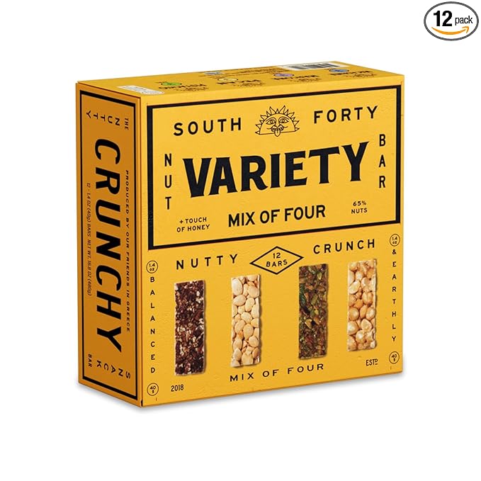 South 40 Snacks Crunchy Nut Bars Mix of 4 Premium Variety Pack Touch of Honey Natural Protein (40g Bar Pack of 12)
