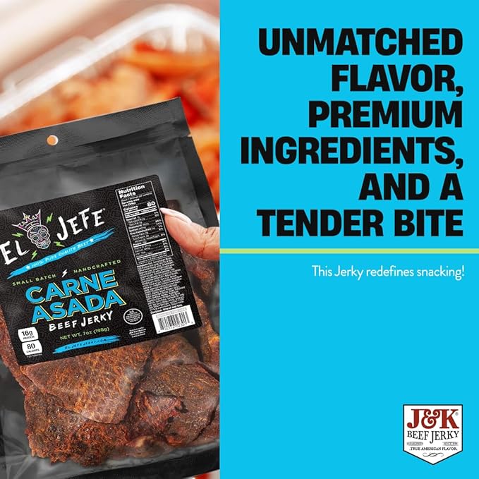 El Jefe Carne Asada 7oz Beef Jerky - Authentic Mexican Style Slab Jerky Handcrafted in Small Batches for a Bold Hispanic Flavor