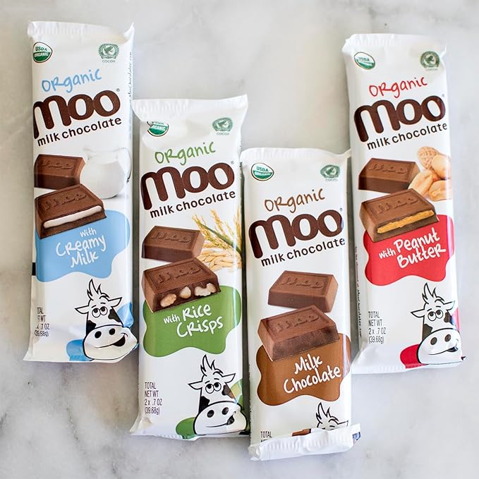 Moo Chocolates Organic Solid Milk Chocolate Large Bars 1.4 oz 14 ct (Pack of 1) | USDA Organic Non-GMO | 110 Calorie Snacks for On-the-Go Lunchboxes Office