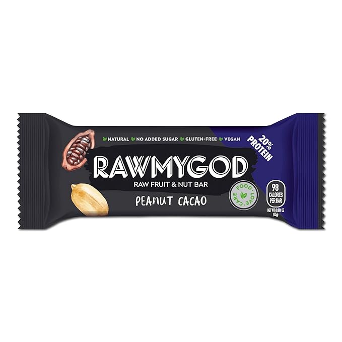 RAWMYGOD Fruit and Nut Bars Good Source of Protein (5g 20% protein content) Gluten Free Vegan No Added Sugar (20 bars Peanut &amp Cacao)