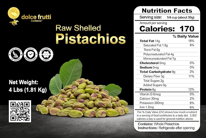 Dolce Frutti Raw Shelled Pistachios- 4 Lbs Organic No Shells Unsalted Kernels Non-GMO Crunchy Pistachio Nuts Healthy Snacks Perfect for Baking &amp Cooking
