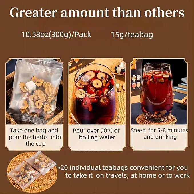 20 Pack Ginseng Kidney Tea-Ginseng Six Treasure teaEight Natrual Herbs Blend MulberryWolfberry-Traditional Chinese Herbal Kidney Tea Formula for Men &amp Women100% Plant Base(300g/Bag)