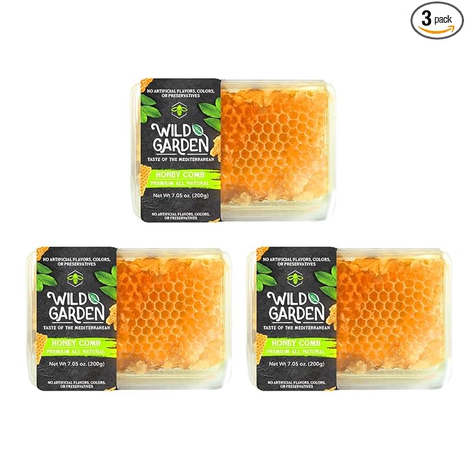 Wild Garden 100% Pure Bee Honeycomb 7.05 Oz - No Additives No Preservatives Fresh From The Farm! 7.05 oz Pack of 3 - Perfect for Toast &amp Tea - Health-Conscious Treat