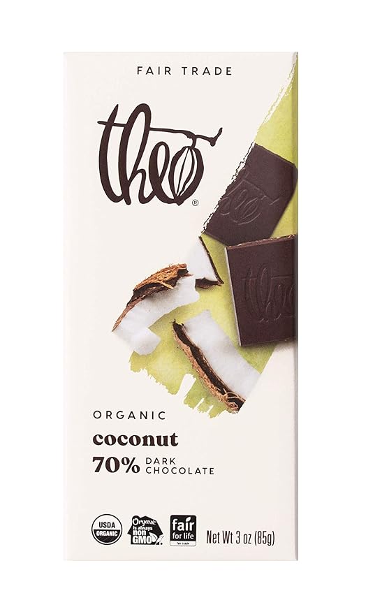 Theo Chocolate Coconut Organic Dark Chocolate Bar 70% Cacao 12 Pack | Vegan Fair Trade