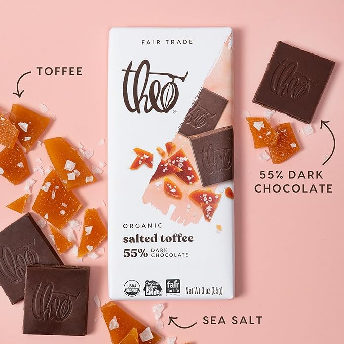 Theo Chocolate Salted Toffee Organic Dark Chocolate Bar 55% Cacao 6 Pack | Fair Trade