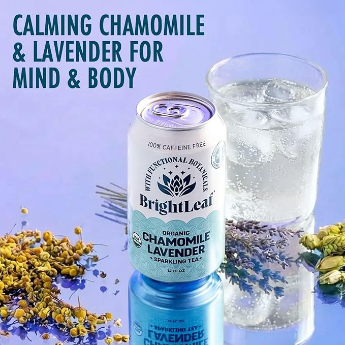 BrightLeaf Chamomile Lavender Sparkling Tea with Functional Benefits for Calm &amp Relaxation – Regenerative Organic Caffeine-Free Zero Sugar Zero Calories Zero Sweeteners Botanical Blend – 12oz