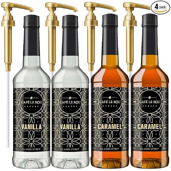 NEW Vanilla &amp Caramel Coffee Syrup 2 Bottles each (25.4oz)*Includes 4 Coffee Syrup Dispensers*Flavoring Syrups for Coffee Tea and Espresso