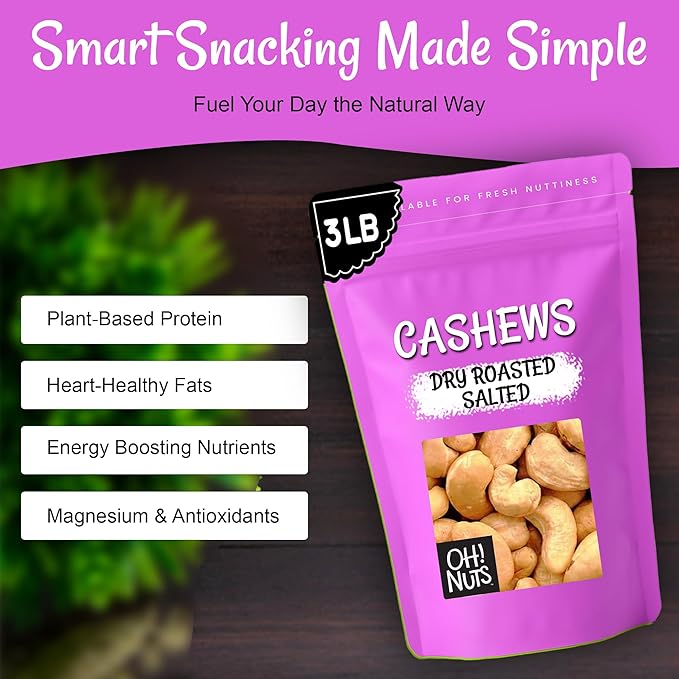 Oh! Nuts Cashews Roasted Salted - 3 lb - Oven Dry Roasted Cashews - Packed in New York Zip-Seal Bag for Exceptional Freshness