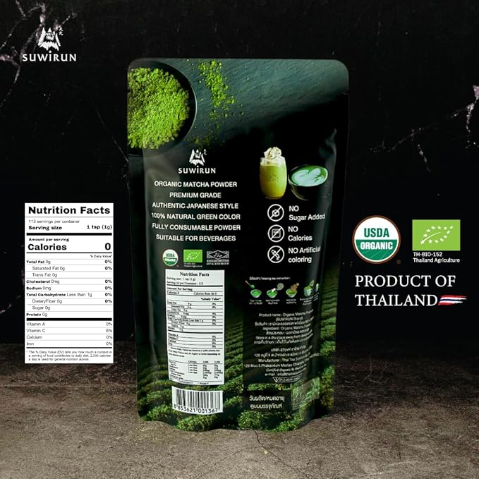 Suwirun Organic Pure Matcha Powder 4oz – Authentic Japanese Green Tea – Unsweetened Umami-Rich Superfood – Perfect for Lattes Baking &amp Smoothies