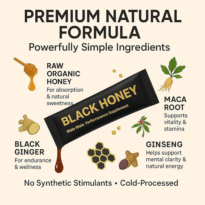 Black Honey Sticks Natural Energy &amp Vitality Packs – Raw Organic Honey with Maca Ginseng &amp Black Ginger Extracts Travel-Size Sachets Male Wellness &amp Daily Support (Box of 10)