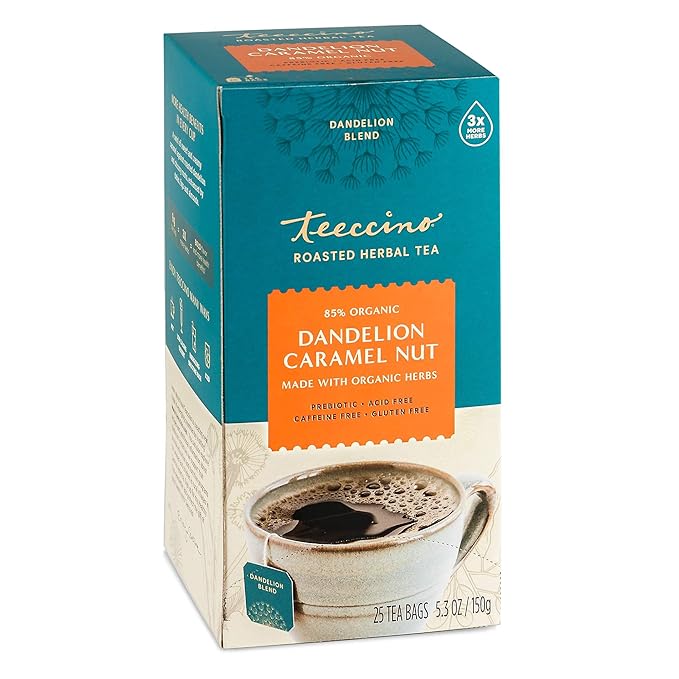 Teeccino Dandelion Caramel Nut Tea - Caffeine Free Roasted Herbal Tea with Prebiotics 3x More Herbs than Regular Tea Bags Gluten Free - 25 Tea Bags (Pack of 3)