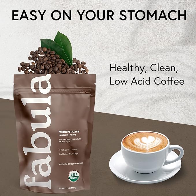 Fabula Low Acid Coffee Beans Whole USDA Organic Coffee Beans Medium Roast - Non-GMO - No Molds - Mycotoxins Pesticides Free - Single Origin - 12 oz
