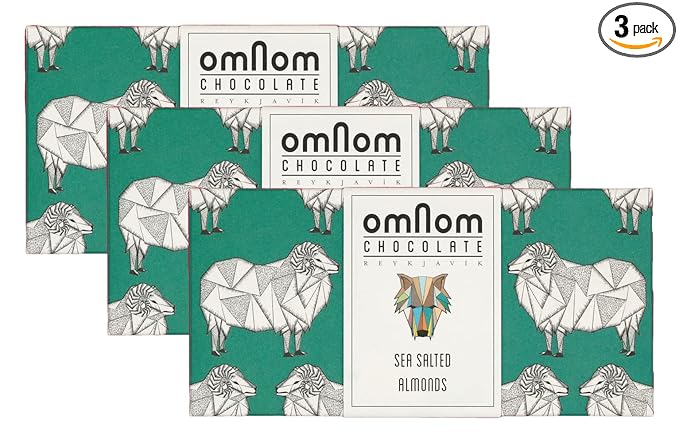 OmNom Sea Salted Almonds + Milk 45% Cacao | Icelandic Bean To Bar Chocolate by OMNOM CHOCOLATE REYKJAVIK | 3 x 60g Bar
