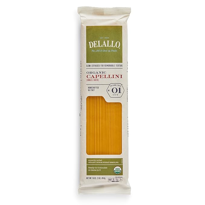 DeLallo Organic Capellini Pasta Made with Only 100% Semolina Durum Wheat Flour Bronze Cut Made in Italy Non-GMO Kosher Vegan Preservative Free 1 Pound Bag (4 Pack)