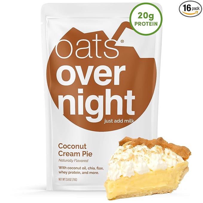 Oats Overnight Coconut Cream Pie - Overnight Oats with 20g Whey Protein High Fiber Breakfast Protein Shake - Gluten Free Oatmeal Non GMO High Protein Oatmeal (2.8 oz per Meal) (16 Pack)