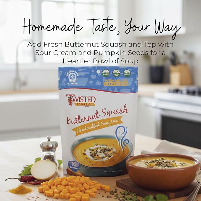 Twisted Pepper Co. Butternut Squash Soup Mix: Gluten-Free – Handcrafted Soup – Sweet Nutty &amp Creamy Fall Flavor Fast &amp Easy Comfort Meal Ready in 30 Minutes Serves 10