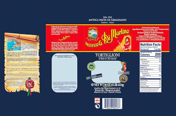 Pastificio Di Martino - Pasta Tortiglioni 16oz (6 Packs) Non-GMO Organic Pasta Made in Italy with 100% Italian Durum Semolina Wheat - High in Protein Perfect with Tomatoes and Basil Bronze Die