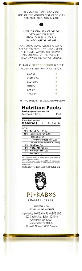 PJ KABOS Chef's Selection Classic Greek Extra Virgin Olive Oil Certified First-Cold Pressed Pure From Koroneiki Olives Greece Everyday Groceries All-Purpose (16.9 Fl Oz (Pack of 12))