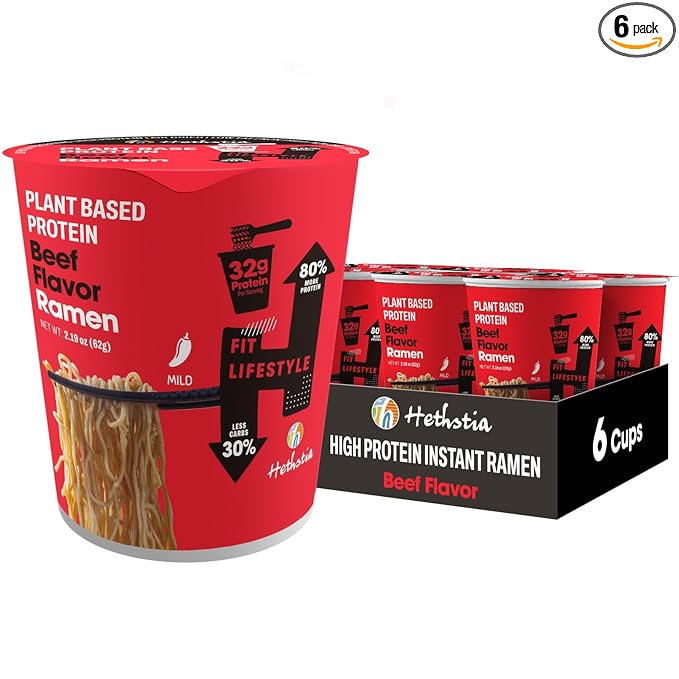 Hethstia High Protein Ramen Cup Spicy Beef Flavor 6-Pack Instant Healthy Ramen Soup with 32g Plant Protein Vegan Low Carb Non-GMO Air-Dried Noodles Non-Fried Low Fat Meal