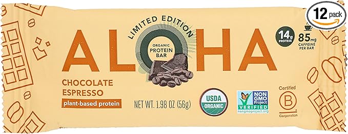 Aloha Organic Chocolate Espresso Protein Bars 14g Plant-Based Protein 85mg Caffeine USDA Certified Organic Gluten Free &amp Non-GMO 1.98 Oz (Pack of 12)