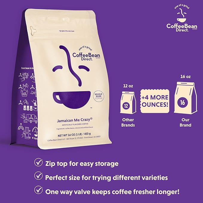 Coffee Bean Direct Flavored Coffee Variety Bundle – Highlander Grogg &amp Jamaican Me Crazy® Whole Bean 1 Pound Bags (Pack of 2)