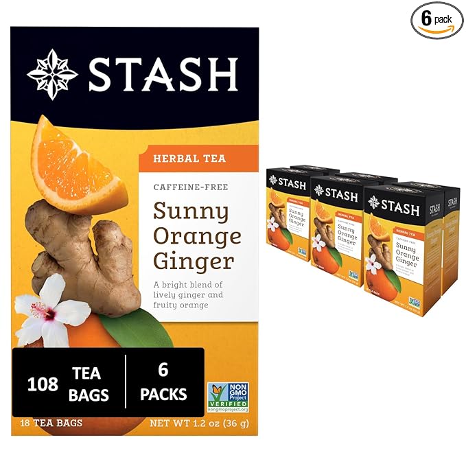 Stash Tea Sunny Orange Ginger Herbal Tea - Naturally Caffeine Free Non-GMO Project Verified Premium Tea with No Artificial Ingredients 18 Count (Pack of 6) - 108 Bags Total