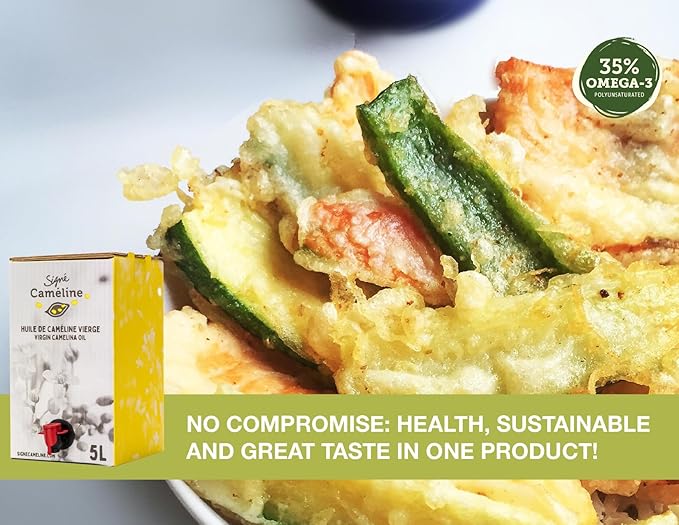 Signé Caméline. Virgin Camelina Oil. 1.32 gallons. Finishing and cooking oil. High in Omega-3. Smoke point 475 degrees fahrenheit. Substitute for olive oil. Produced in Canada.