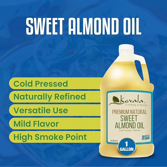 Kevala Sweet Almond Oil - Premium Natural Cooking Oil Made with Carefully Selected Almonds Nutritious Option with Light Flavor and Scent Vegetable Salad Dressing Base Enjoyed as a Hair Oil 1 gal