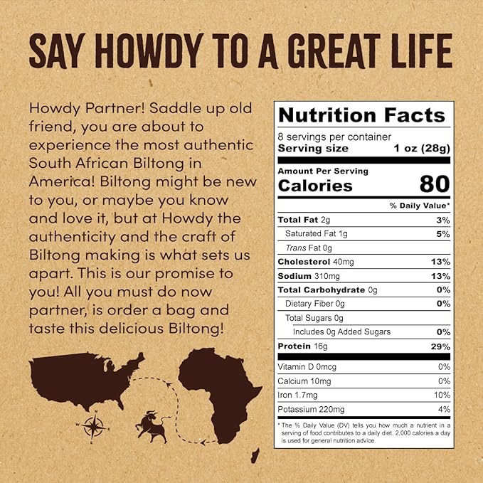 Howdysnax Handcrafted Authentic Small Batch Beef Biltong Traditional Slices 8oz. Sugar Free Paleo Keto Friendly High Protein Jerky Snack (2 8oz Packs)
