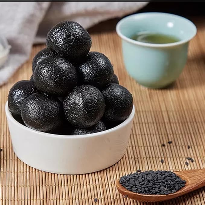 Seven Treasures Black Sesame Balls 7oz (200g) Total - 20 Individual Wrapped Rich Nutty Flavor with Black Beans Black Rice Mulberry Walnut &amp Honey Gluten-Free Energy Snack for Office &amp Tra