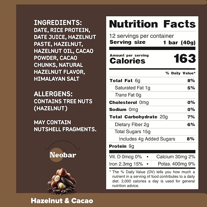 NEOBAR 9g Plant-Based Protein Fruit and Nut Bars - Vegan Snack Bars Gluten Free Dairy Free Snacks No Preservatives No Refined Sugars Added Non-GMO | Hazelnut &amp Cacao 12 Count