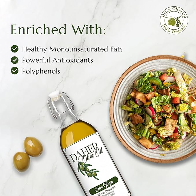 Daher Olive Oil - 33.8 FL OZ - Premium Organic Extra Virgin - Cold Pressed - Southern Lebanon Region - Low acidity rich in polyphenols for gourmet cuisine