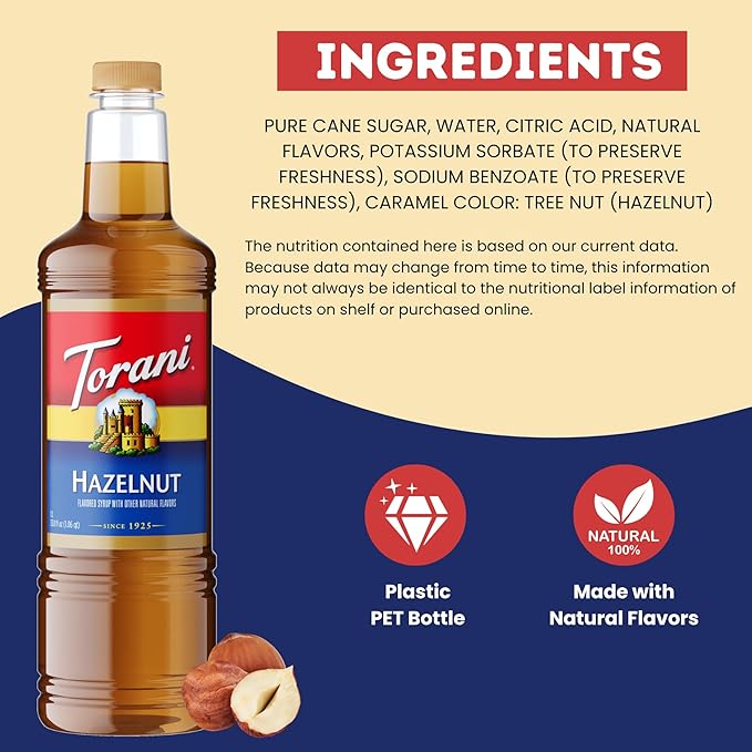 Torani Hazelnut Syrup 1 Liter Bottle with Pump – Premium Coffee Flavoring Made with Pure Cane Sugar &amp Natural Flavors for Lattes Cappuccinos Desserts Cocktails &amp More – Rich Nutty Sweetener