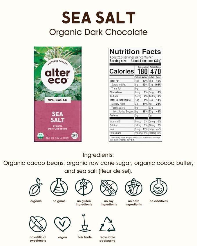 Alter Eco | Dark Chocolate Bars | Pure Dark Cocoa Fair Trade Organic Non-GMO Gluten Free (12-Pack Dark Sea Salt)