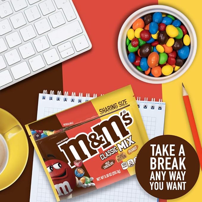 M&ampM’S Classic Chocolate Candy Mix of Peanut Peanut Butter &amp Milk Chocolate Sharing Size 8.3 oz Bags (Pack of 8)