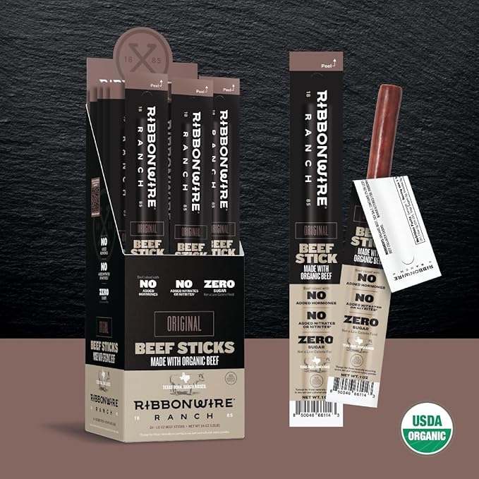 Ribbonwire Ranch Beef Sticks Made with Organic Beef Pasture Raised High Protein Snack Healthy Low Carb Keto Friendly Gluten Free Nitrate Free On the Go 1 Oz Sticks Original Flavor 12 Pack