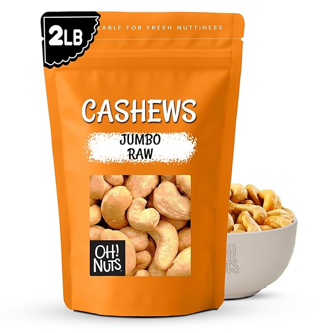 Oh! Nuts Raw Whole Unsalted Cashews - Raw - 100% Natural - 2 lb - Jumbo Cashews - Packed in New York Zip-Seal Bag for Exceptional Freshness