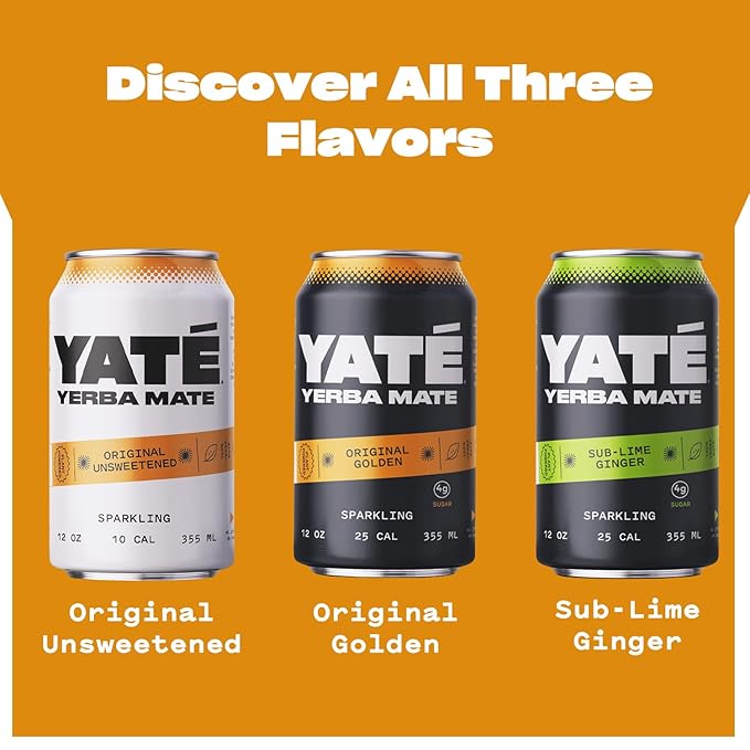 Yate Sparkling Yerba Mate - Original Golden Organic Yerba Mate Drink with Low Sugar &amp 25 Calories for Daily Energy - A Smooth Healthy Energy Drink with Antioxidants &amp Plant-Based Ingredients-