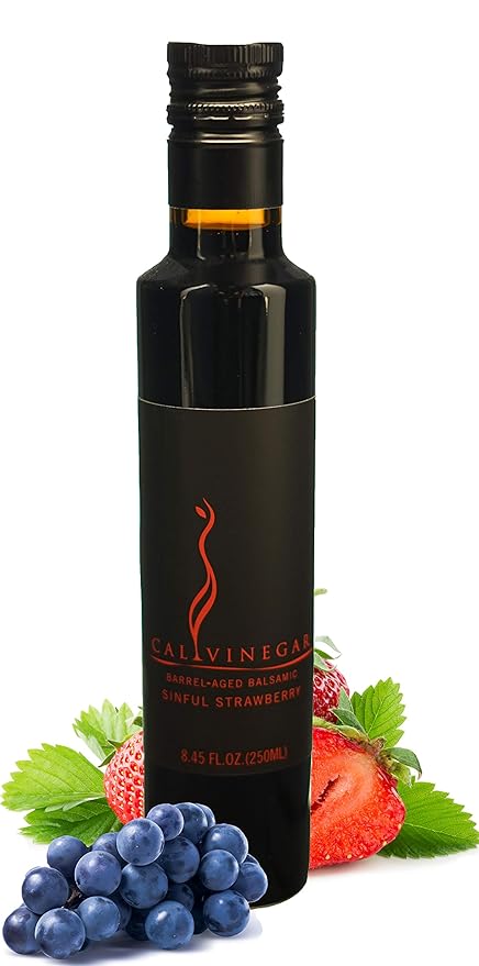 Calivirgin Balsamic Vinegar - Strawberry Flavored Traditional Balsamic Vinegar - Thick Velvety Authentic Italian Balsamic Vinegar - Gourmet Vinegar - Barrel Aged Balsamic Vinegar Bottle - 250ml