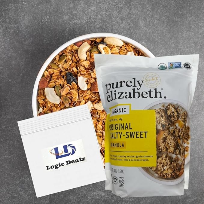 Purely Elizabeth Organic Original Salty-Sweet Ancient Grain Granola Gluten-Free Non-GMO (1 Ct 24oz Bag) + Logic Dealz Zip Loc Baggie-To-Go