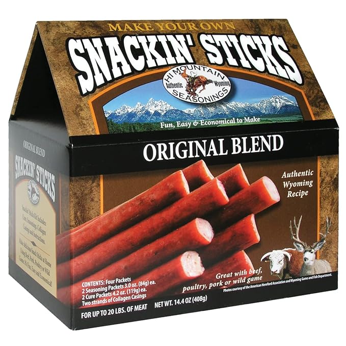 Hi Mountain Seasonings ǀ Snack Stick Seasoning Kit ǀ ORIGINAL BLEND ǀ Includes Seasoning Cure Casings &amp Directions ǀ Seasons up to 20 lbs of Meat ǀ Beef Pork Venison Deer &amp Wild Game